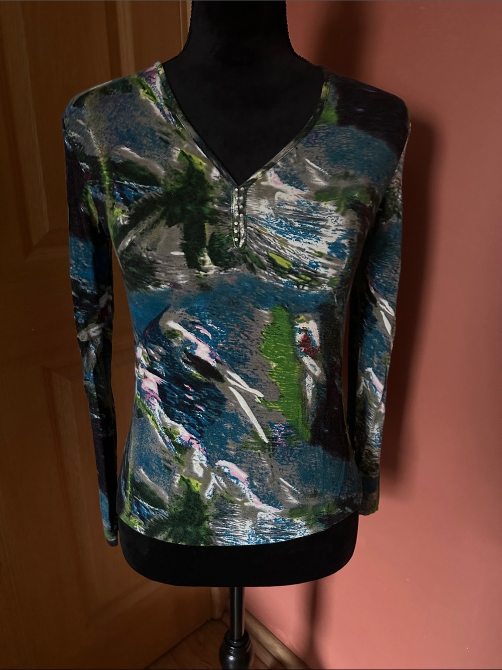 Abstract Print V-Neck Long Sleeve Top - Blue Green